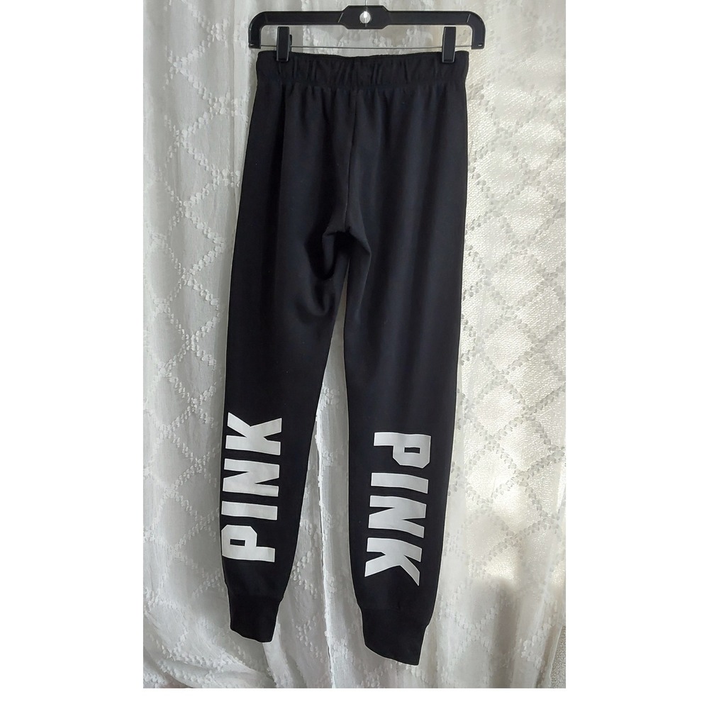 Victoria's Secret PINK Joggers Black Fleece Sweatpants Logo XS - Picture 2 of 3